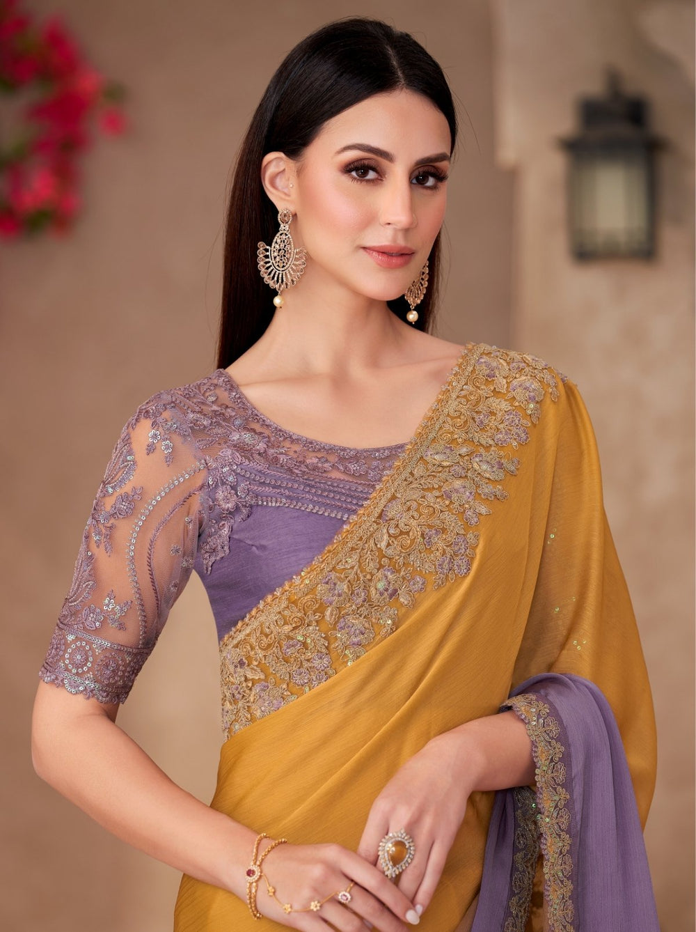 Gold &amp; Orange Pure Georgette Chiffon With Embroidery Sequins Saree 
