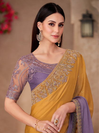 Gold &amp; Orange Pure Georgette Chiffon With Embroidery Sequins Saree 