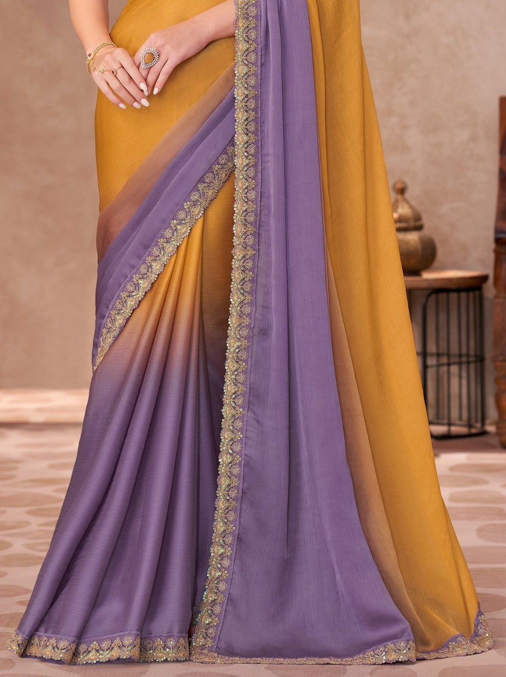 Gold &amp; Orange Pure Georgette Chiffon With Embroidery Sequins Saree 