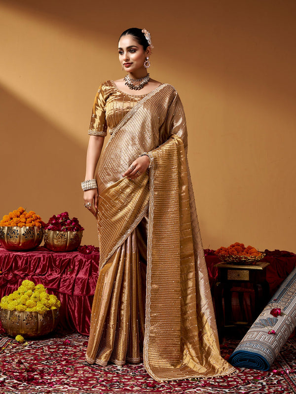Gold Pure Kanjivaram Rich Zari Embroidery & Tube Beads Work Tissue Saree