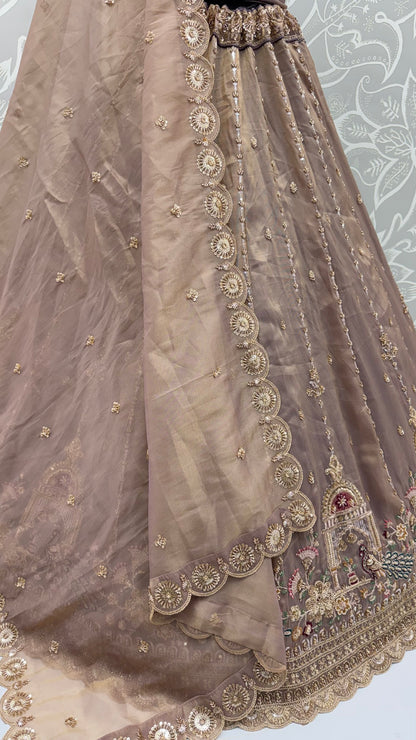 Light Brown Pure Chandnia Silk Handwork Motif Peacock Pattern Crystal Beads Multi Thread Dori &amp; Sequins Work Bridal Lehenga Choli