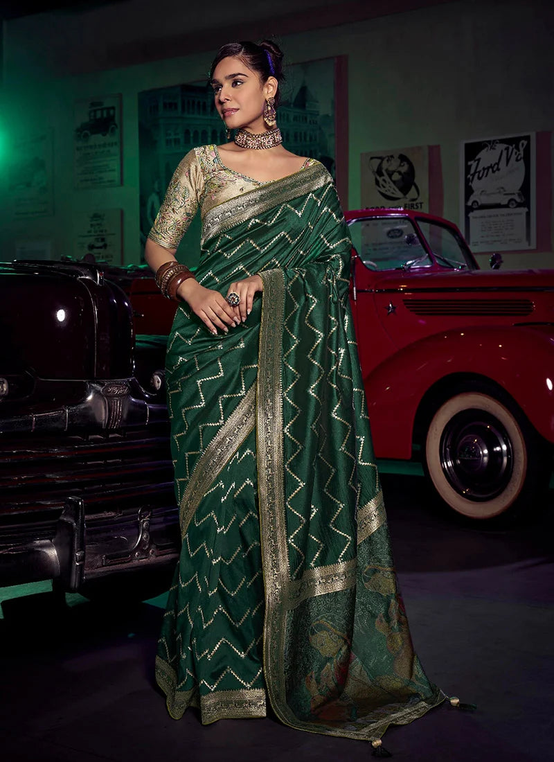 Green Pure Silk with 3D weaved Pallu &amp; Heavy Embroidery Banarasi Saree 