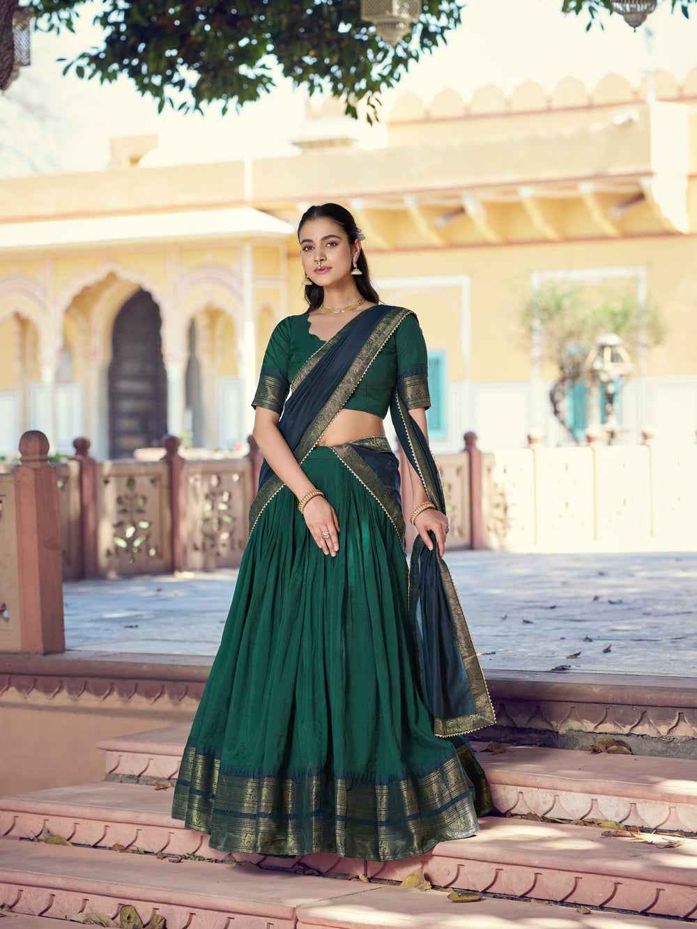 Green Pure Poly Poly Cotton with Zari Woven Half Saree Lehenga