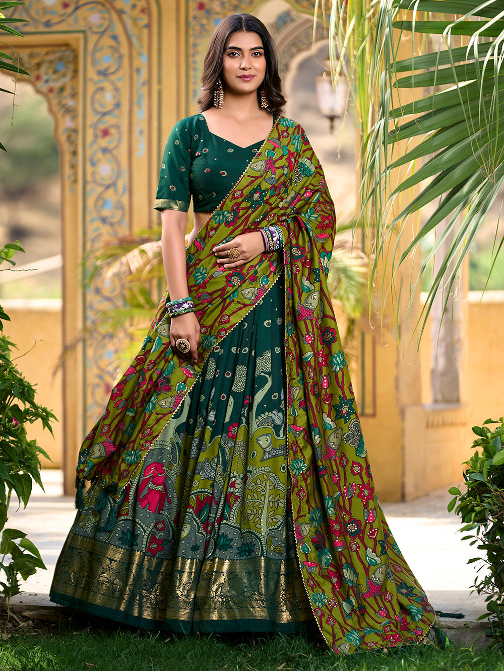 Green Pure Tasar Silk Kalamkari Print With Foil Work Lehenga Choli