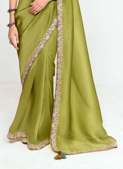 Olive Green Pure Soft Fancy Febric Party Wear Premium Saree
