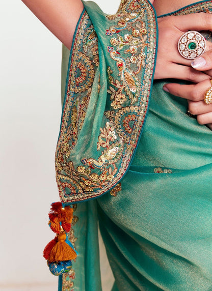 Sea Green Pure Soft Fancy Febric Party Wear Premium Saree