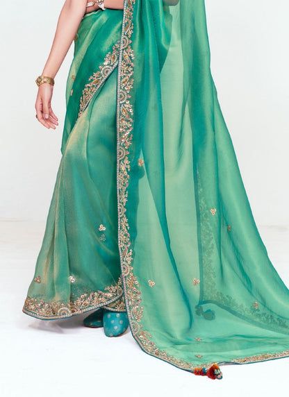 Sea Green Pure Soft Fancy Febric Party Wear Premium Saree
