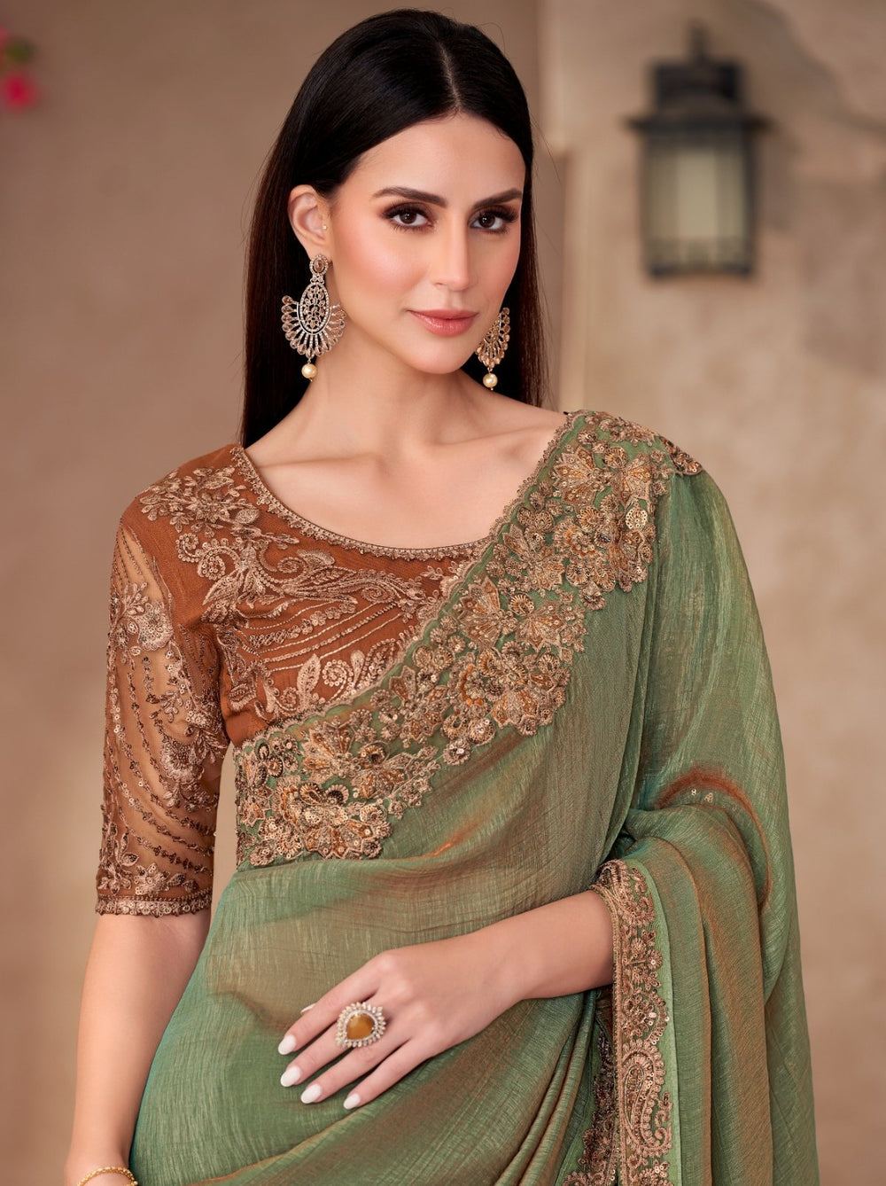 Green Pure Georgette Chiffon With Embroidery Sequins Saree 