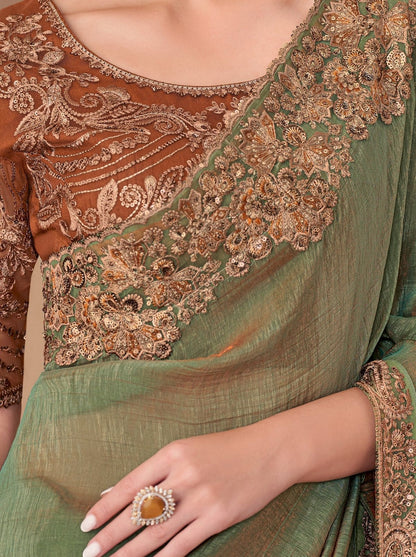 Green Pure Georgette Chiffon With Embroidery Sequins Saree 