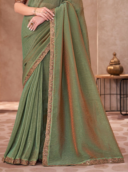 Green Pure Georgette Chiffon With Embroidery Sequins Saree 