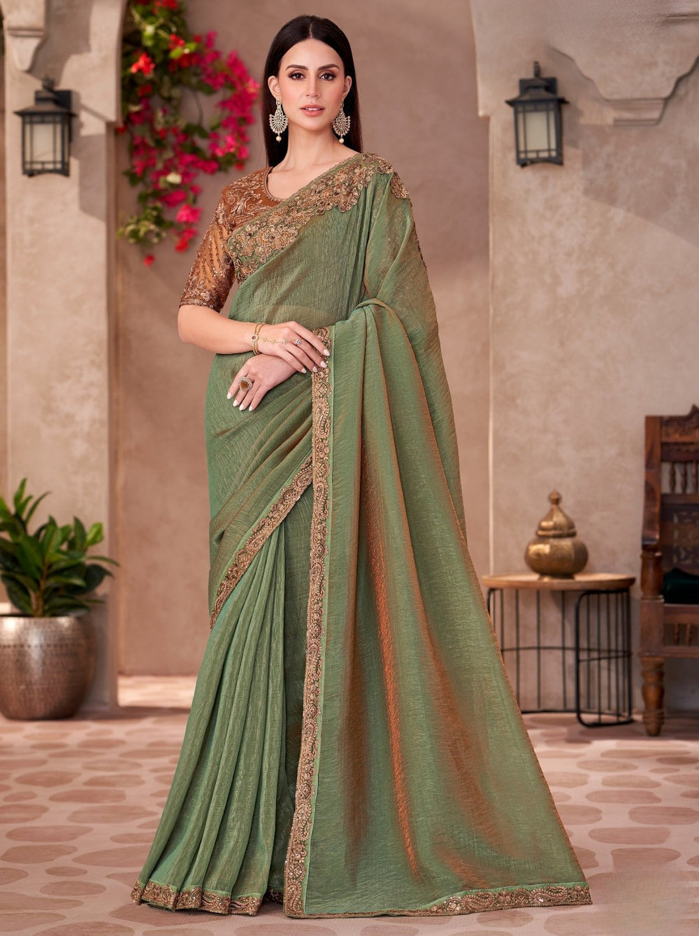 Green Pure Georgette Chiffon With Embroidery Sequins Saree 