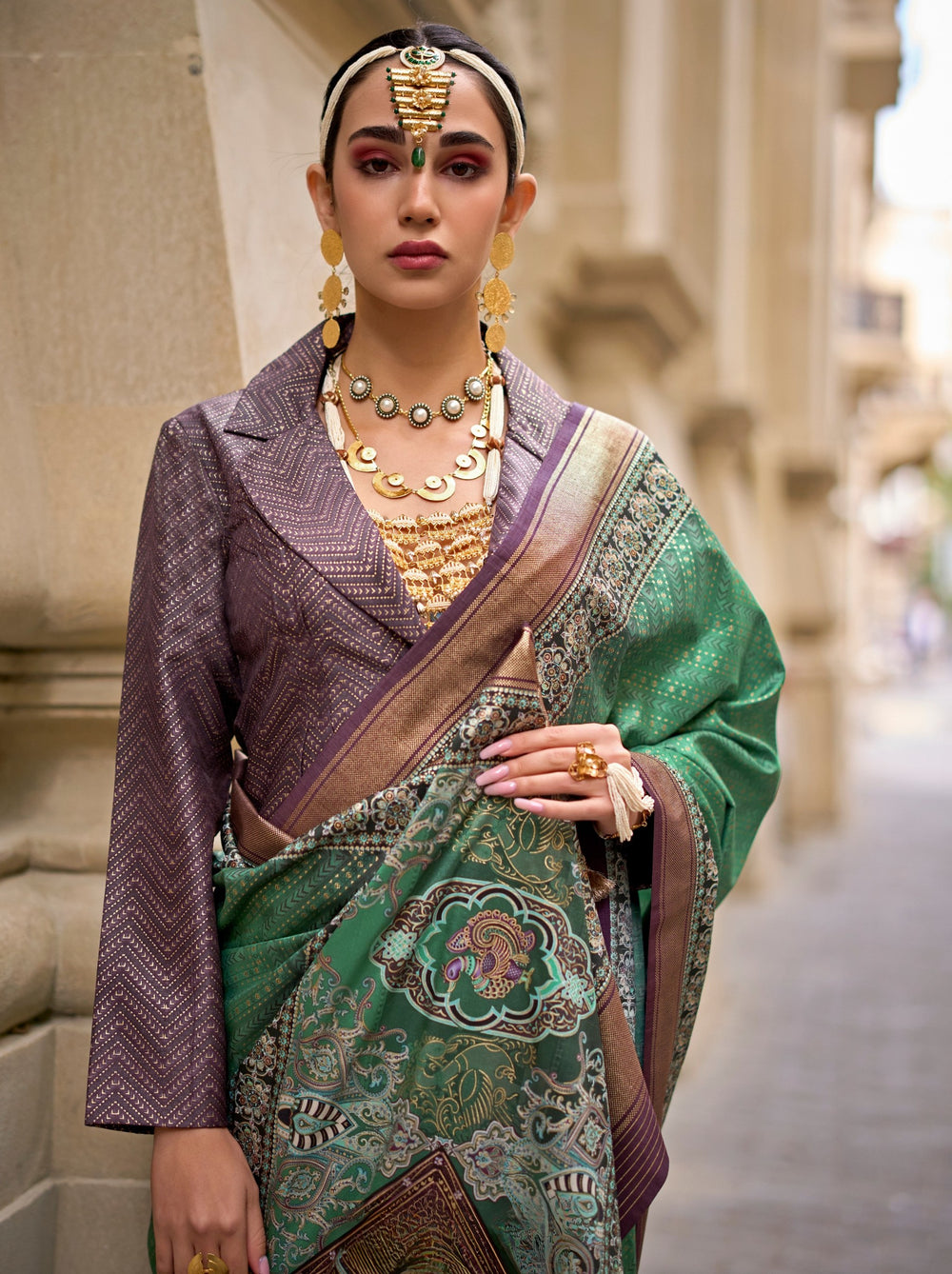 Green Pure Viscose Silk Blend Foil Print Saree 