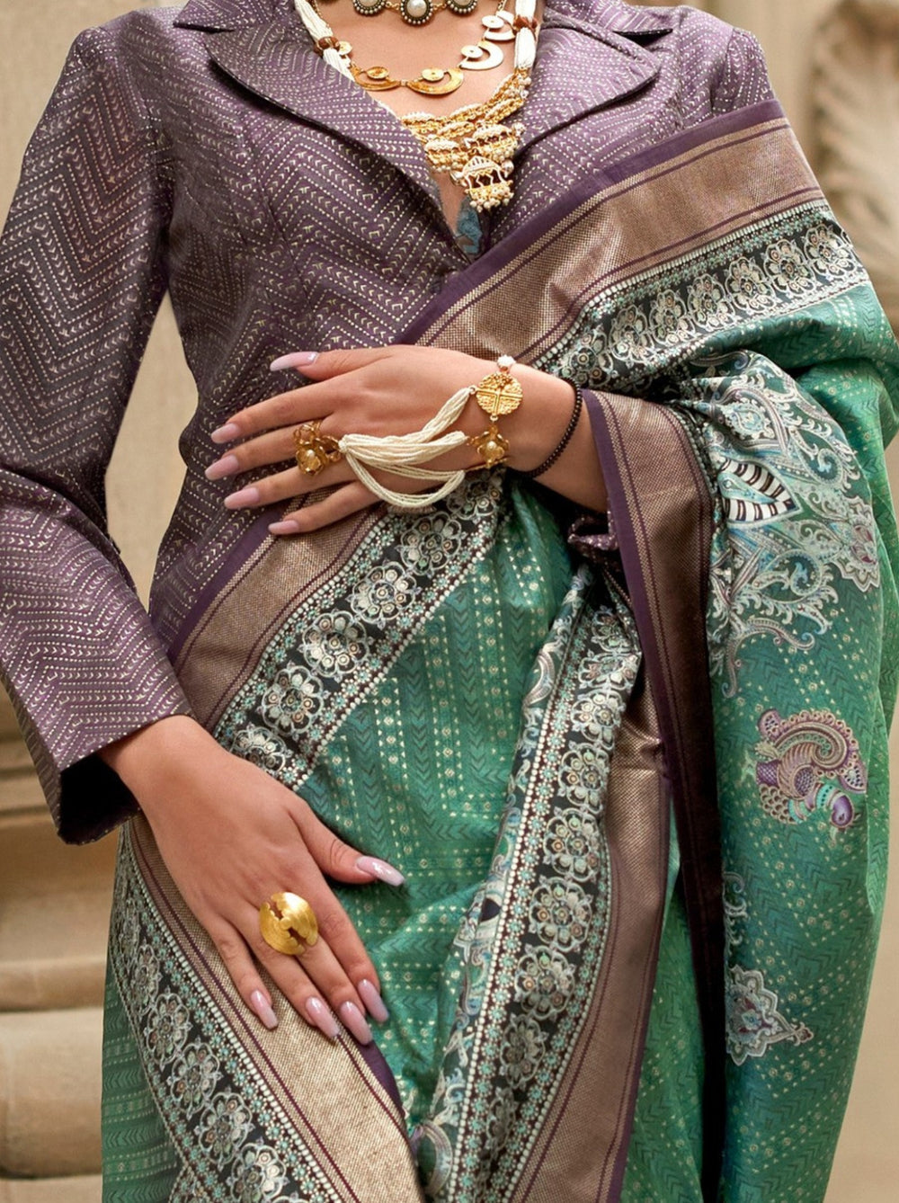 Green Pure Viscose Silk Blend Foil Print Saree 
