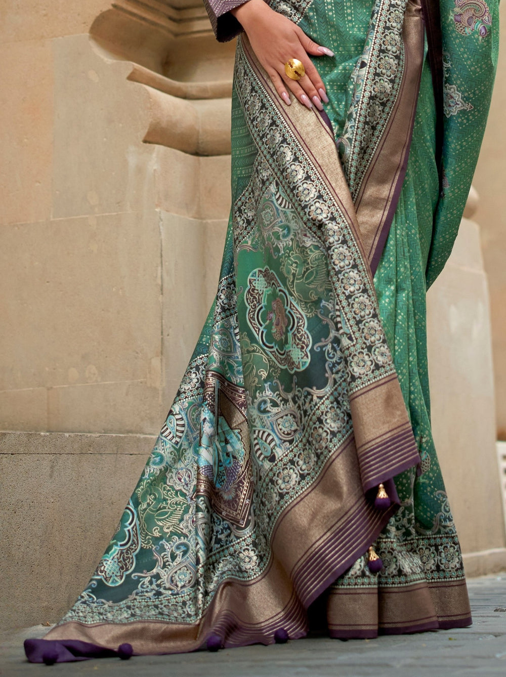 Green Pure Viscose Silk Blend Foil Print Saree