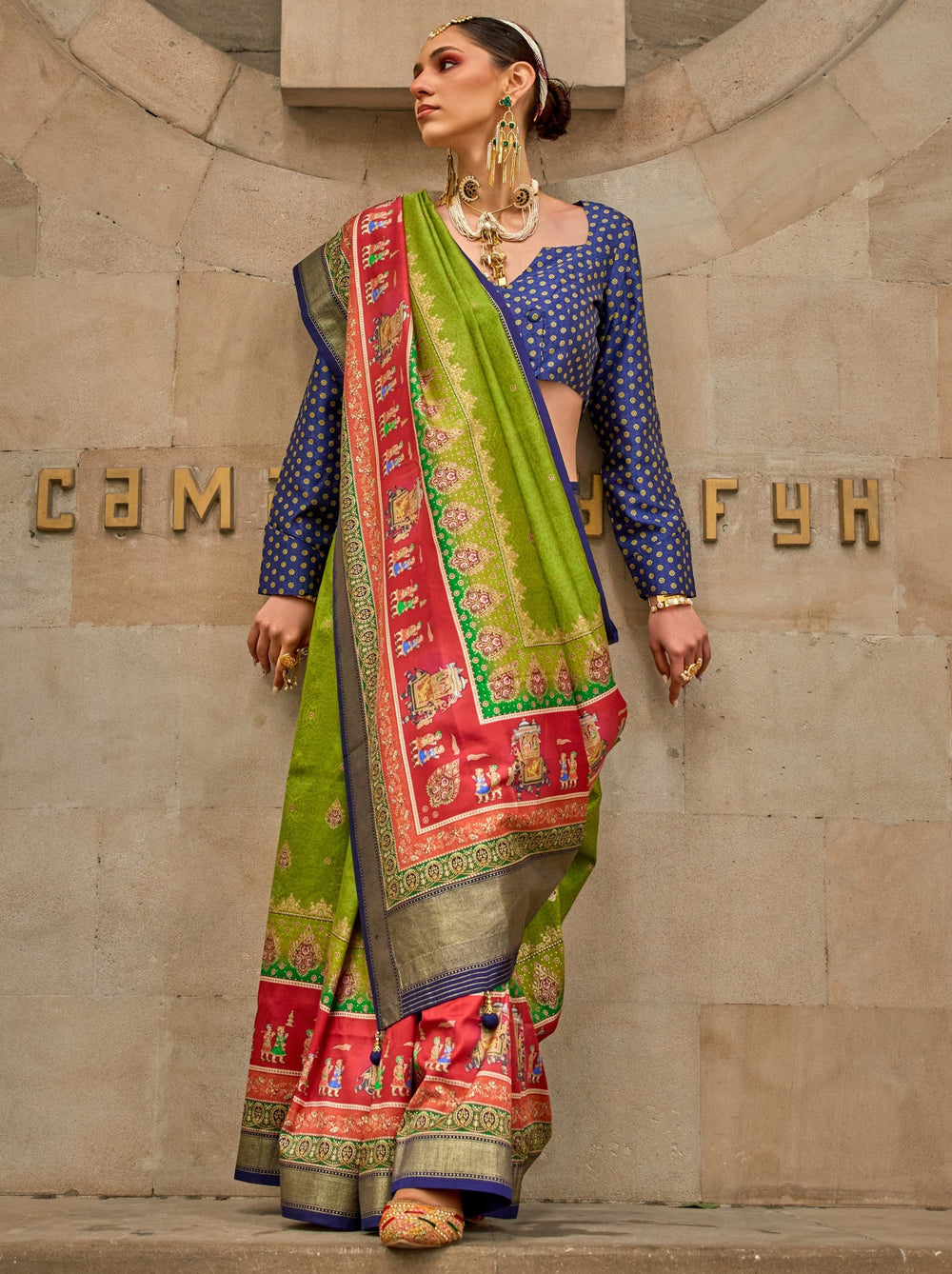 Green Pure Viscose Silk Blend Foil Print Saree