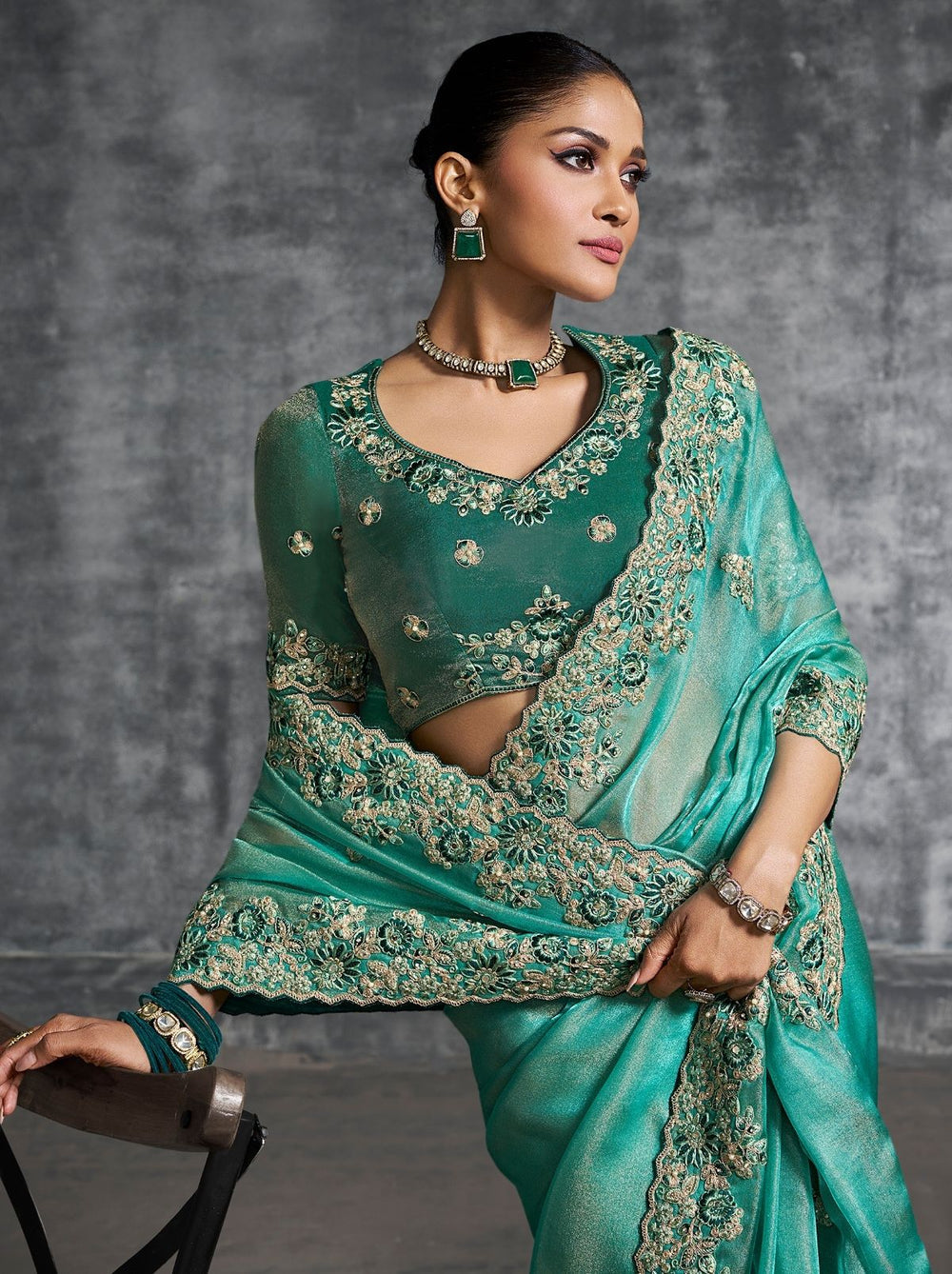 Green Premium Zari Tissue Silk Bridal Saree 