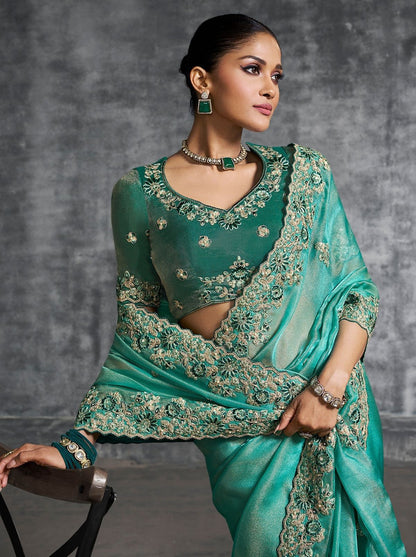 Green Premium Zari Tissue Silk Bridal Saree 