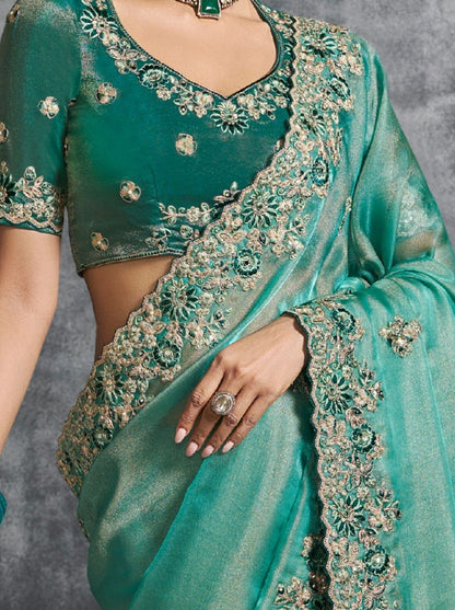 Green Premium Zari Tissue Silk Bridal Saree 