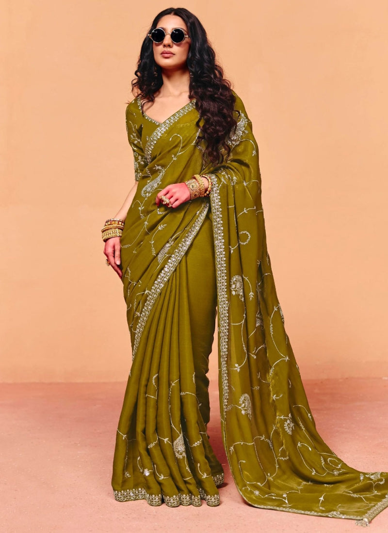 Mahendi Pure Organza Satin With Sequins Heavy Embroidery Work Organza Saree 