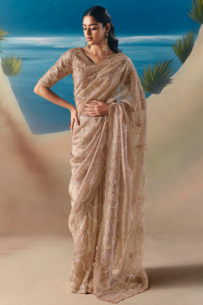 Beige Fancy Organza Silk Zari Embroidered Sequins With Bridal Saree 