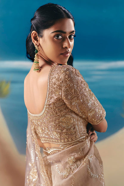 Beige Fancy Organza Silk Zari Embroidered Sequins With Bridal Saree 