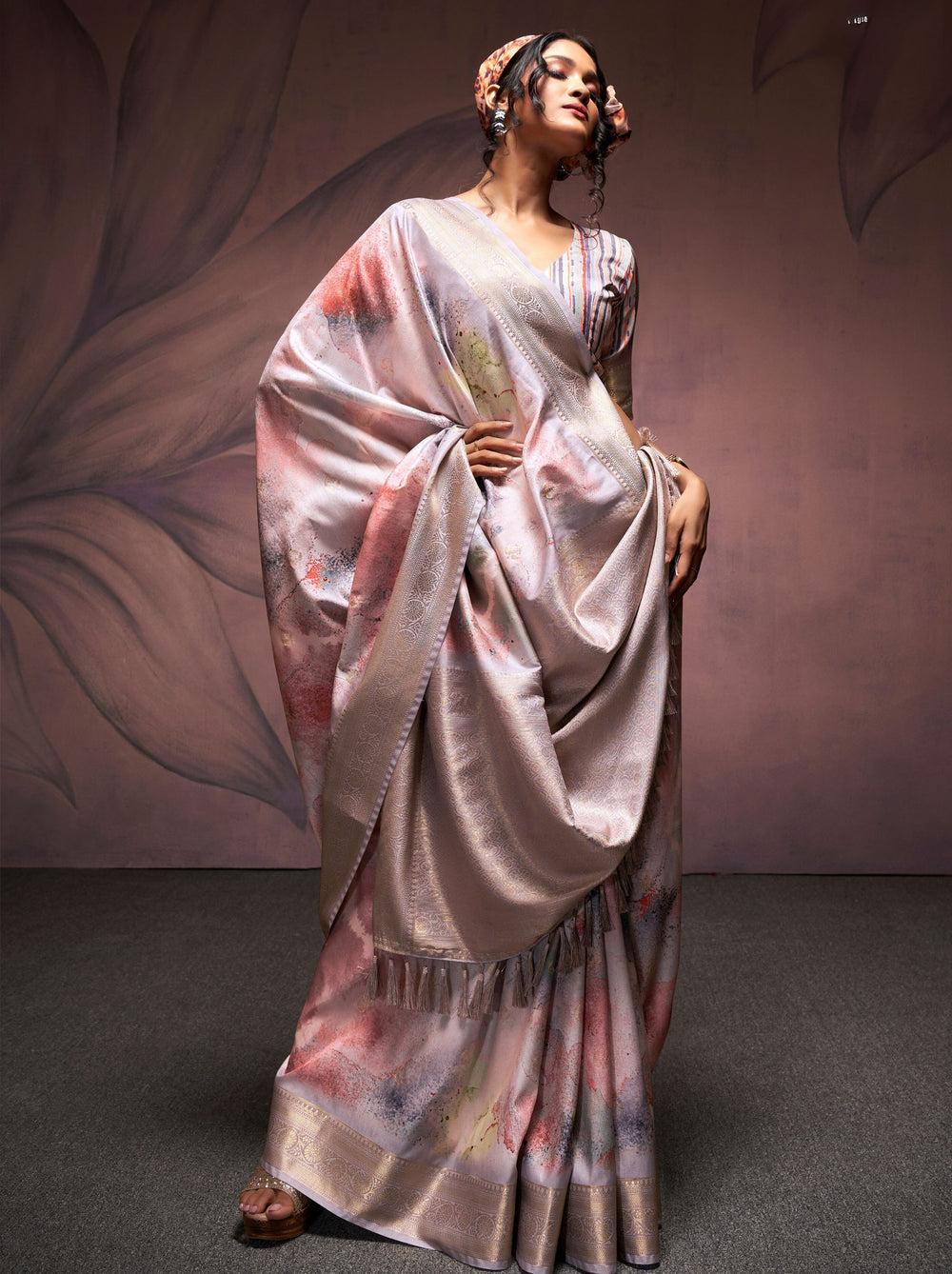 Grey Pure Banarasi Handloom Digital Printed Silk Saree