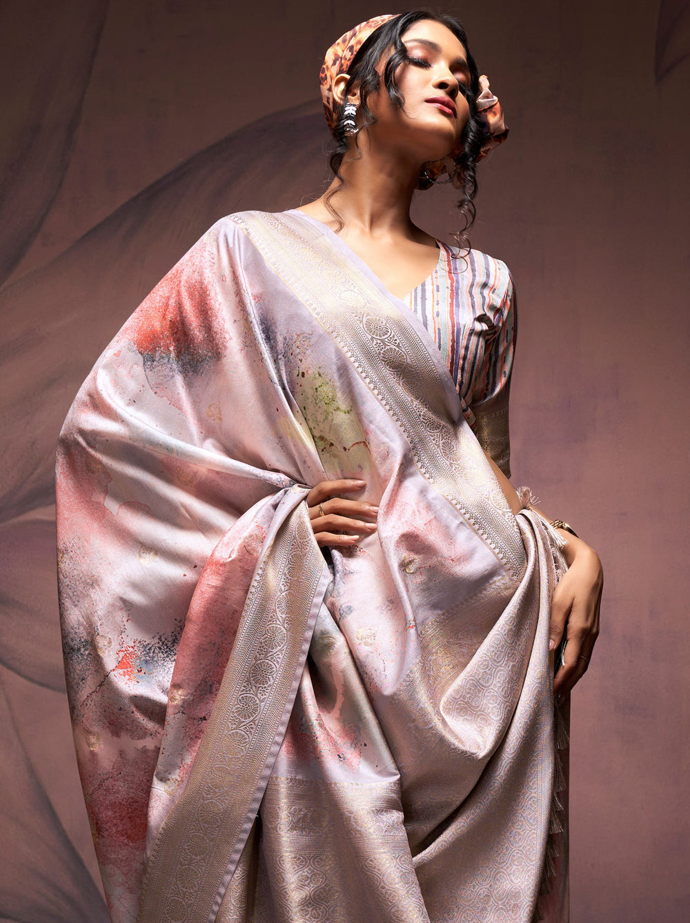 Grey Pure Banarasi Handloom Digital Printed Silk Saree 