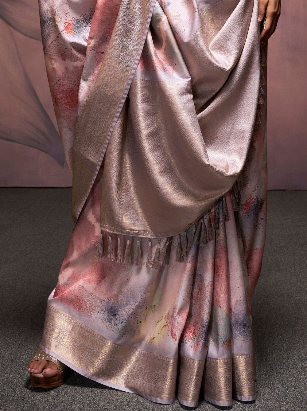 Grey Pure Banarasi Handloom Digital Printed Silk Saree 