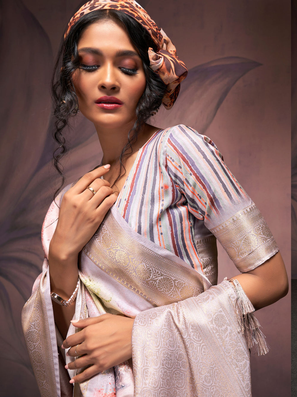 Grey Pure Banarasi Handloom Digital Printed Silk Saree 
