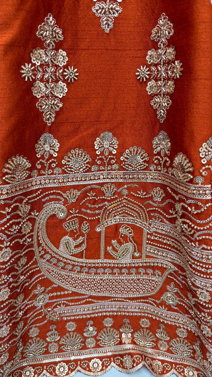 Orange Pure Soft Heavy Silk Sequins Embroidery Work Bridal Lehenga 