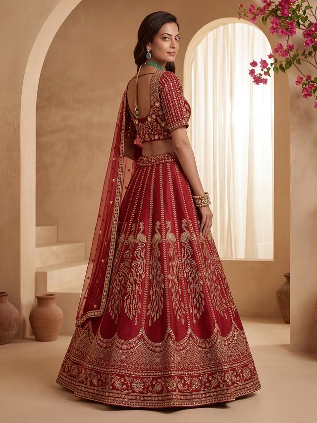 Red Pure Soft Heavy Net Sequins Embroidery Work Bridal Lehenga Choli 