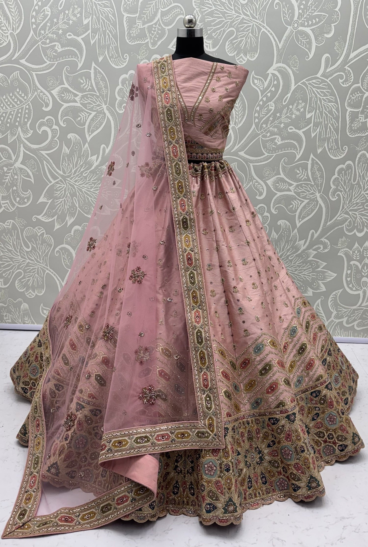 Pink Pure Slubb Silk Premium Dori Embroidery Sequins &amp; Diamond Work Bridal Lehenga Choli