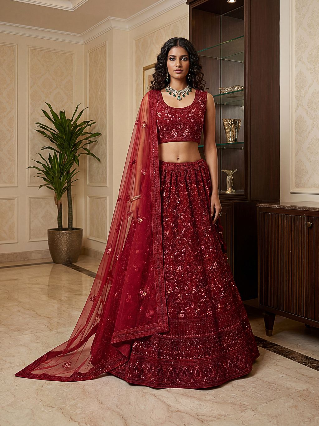 Red Pure Soft Heavy Net Sequins Embroidery Work Bridal Lehenga