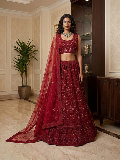 Red Pure Soft Heavy Net Sequins Embroidery Work Bridal Lehenga