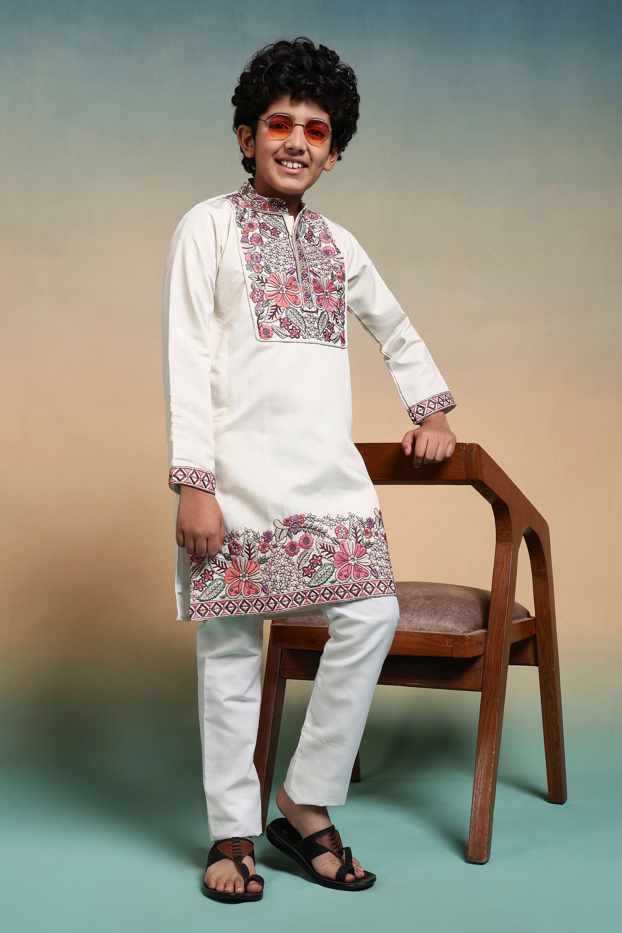 White Pure Viscose Silk Kids Boy Kurta Pajama 