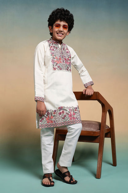 White Pure Viscose Silk Kids Boy Kurta Pajama 