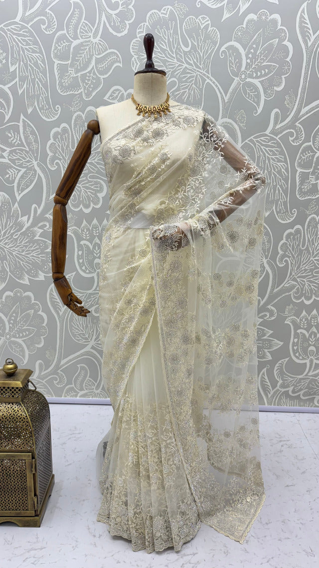 Cream Pure Premium Net Handwork Kasti &amp; Motif Zari Metallic Sequins Work Wedding Saree