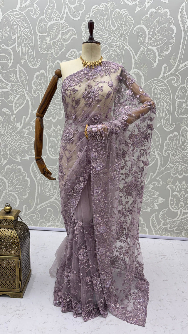 Lavender Pure Premium Net Handwork Kasti &amp; Motif Zari Metallic Sequins Work Wedding Saree