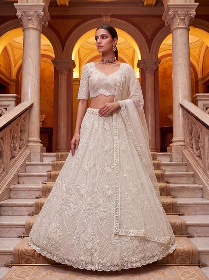 White Pure Heavy Net Motif Handwork Zari Sequins Work Bridal Lehenga Choli