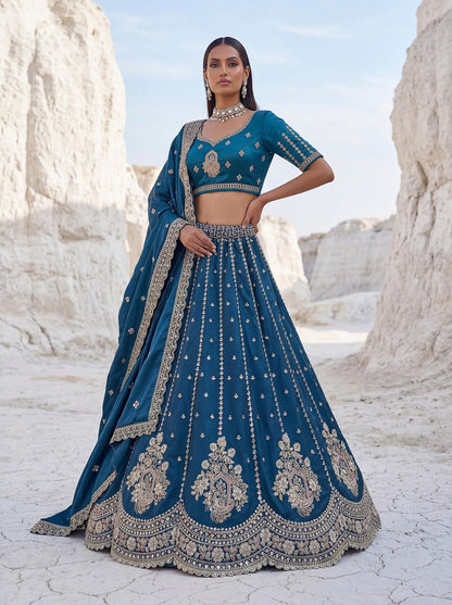 More Peach Pure Soft Silk Heavy Sequins Embellishment Work Bridal Lehenga Choli 