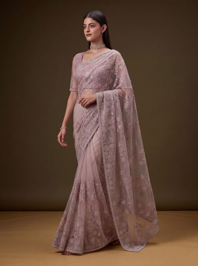 Lavender Pure Premium Net Handwork Kasti &amp; Motif Zari Metallic Sequins Work Wedding Saree