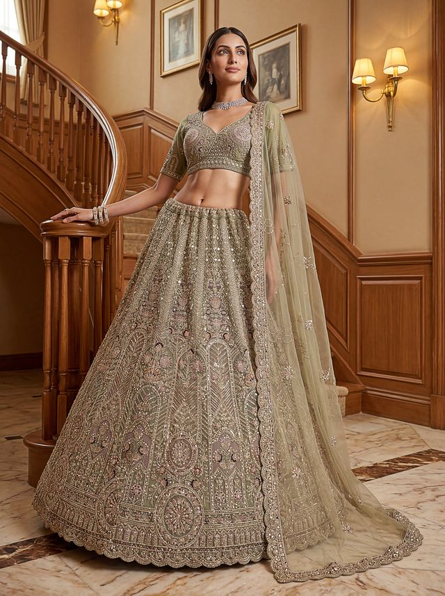 Pista Pure Soft Heavy Net Sequins Embroidery Work Bridal Lehenga 
