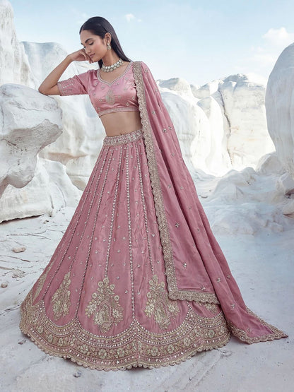 Pink Pure Soft Silk Heavy Sequins Embellishment Work Bridal Lehenga Choli 
