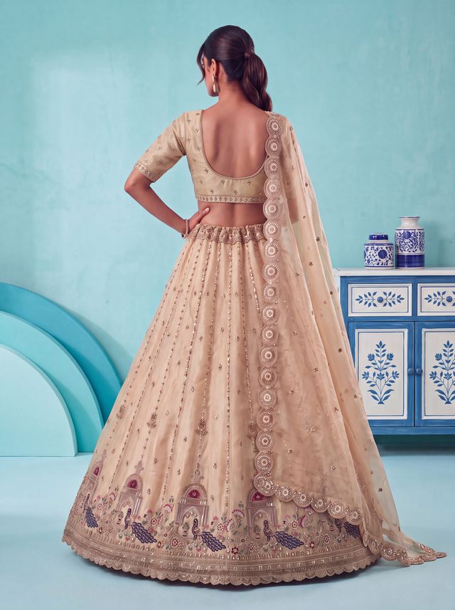 Off White Pure Chandnia Silk Handwork Motif Peacock Pattern Crystal Beads Multi Thread Dori &amp; Sequins Work Bridal Lehenga Choli