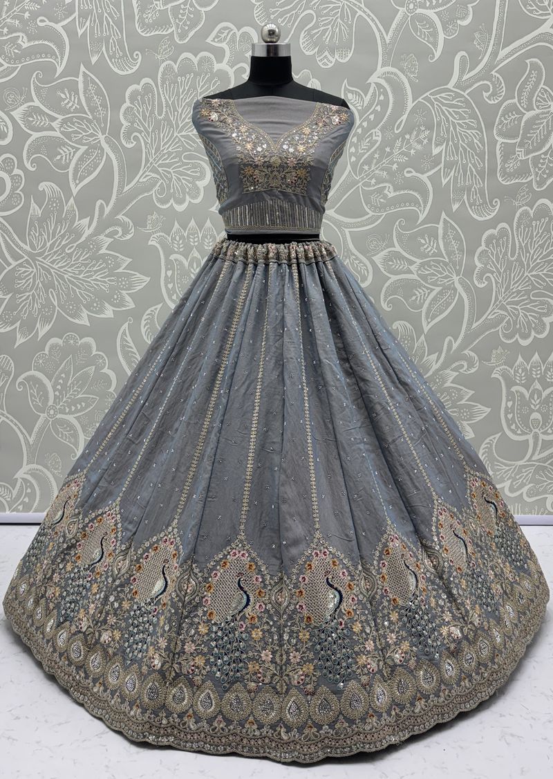 Stone Grey Pure Soft Gadhwal Silk Heavy Embroidery Work Bridal Lehenga