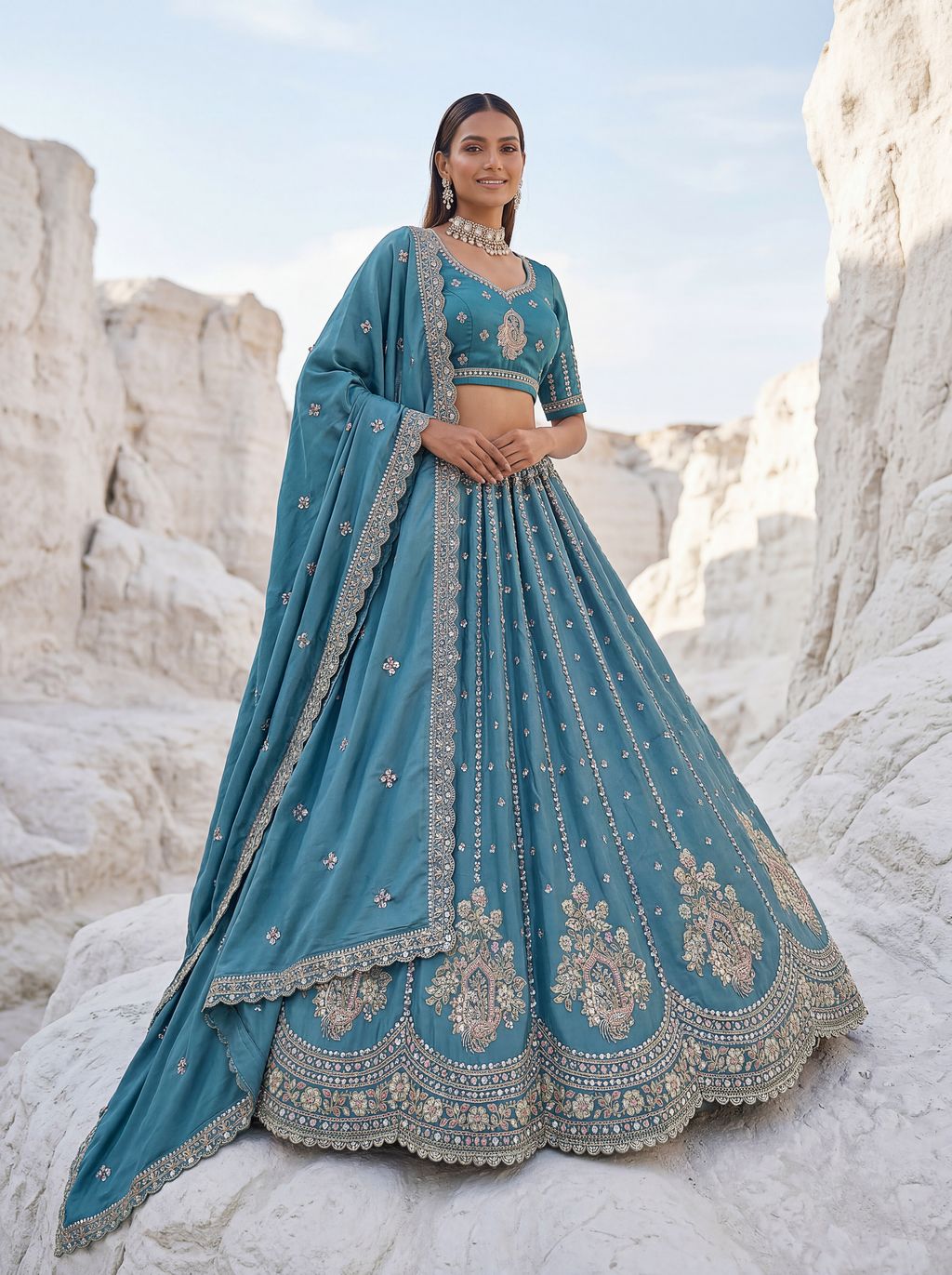 Sky Blue Pure Soft Silk Heavy Sequins Embellishment Work Bridal Lehenga Choli 