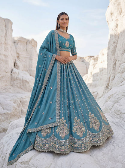 Sky Blue Pure Soft Silk Heavy Sequins Embellishment Work Bridal Lehenga Choli 