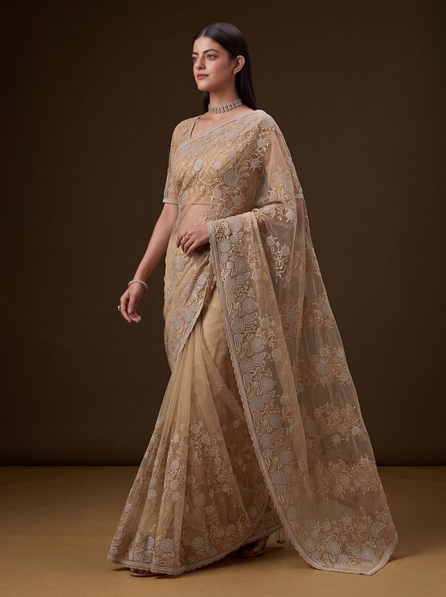 Gold Pure Premium Net Handwork Kasti &amp; Motif Zari Metallic Sequins Work Wedding Saree