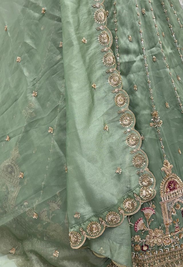 Pista Pure Chandnia Silk Handwork Motif Peacock Pattern Crystal Beads Multi Thread Dori &amp; Sequins Work Bridal Lehenga Choli