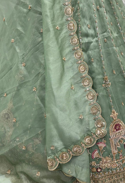 Pista Pure Chandnia Silk Handwork Motif Peacock Pattern Crystal Beads Multi Thread Dori &amp; Sequins Work Bridal Lehenga Choli